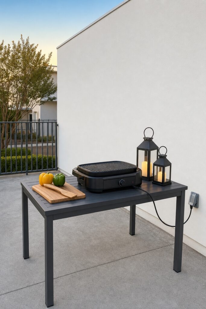 Small electric tabletop grill on an apartment patio table set well away from the wall with flameless lanterns nearby