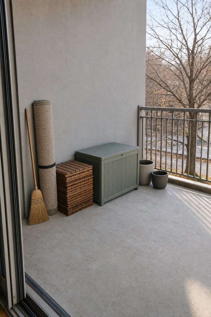 Apartment patio packed down for winter with deck tiles stacked, the outdoor rug rolled up and the concrete slab swept clean