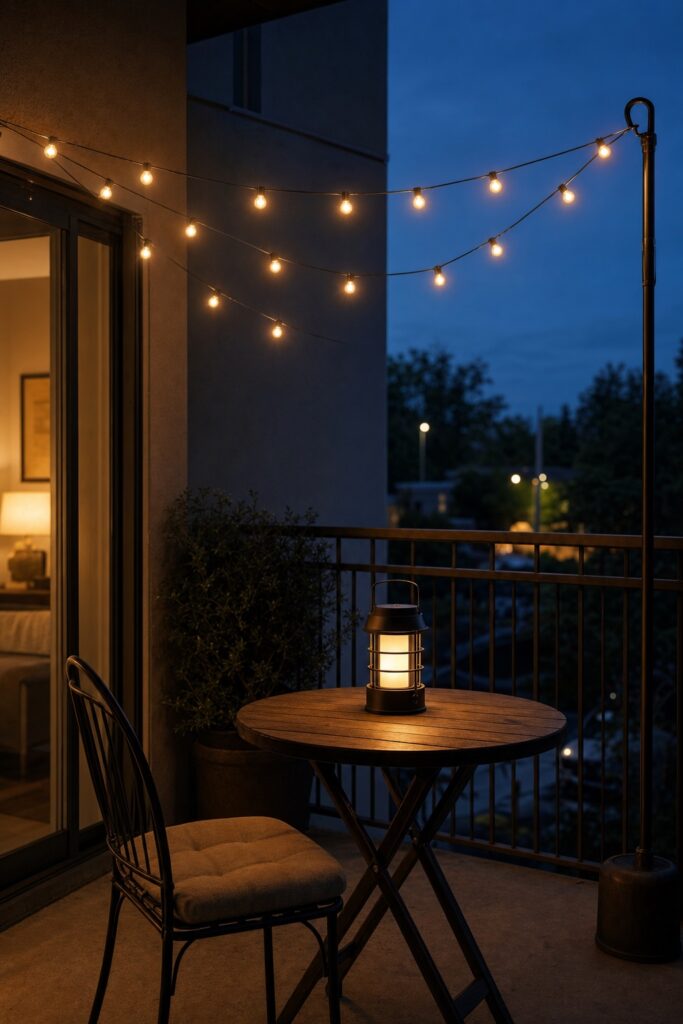 Apartment patio at dusk lit by hanging string lights overhead and a small battery lantern on the table