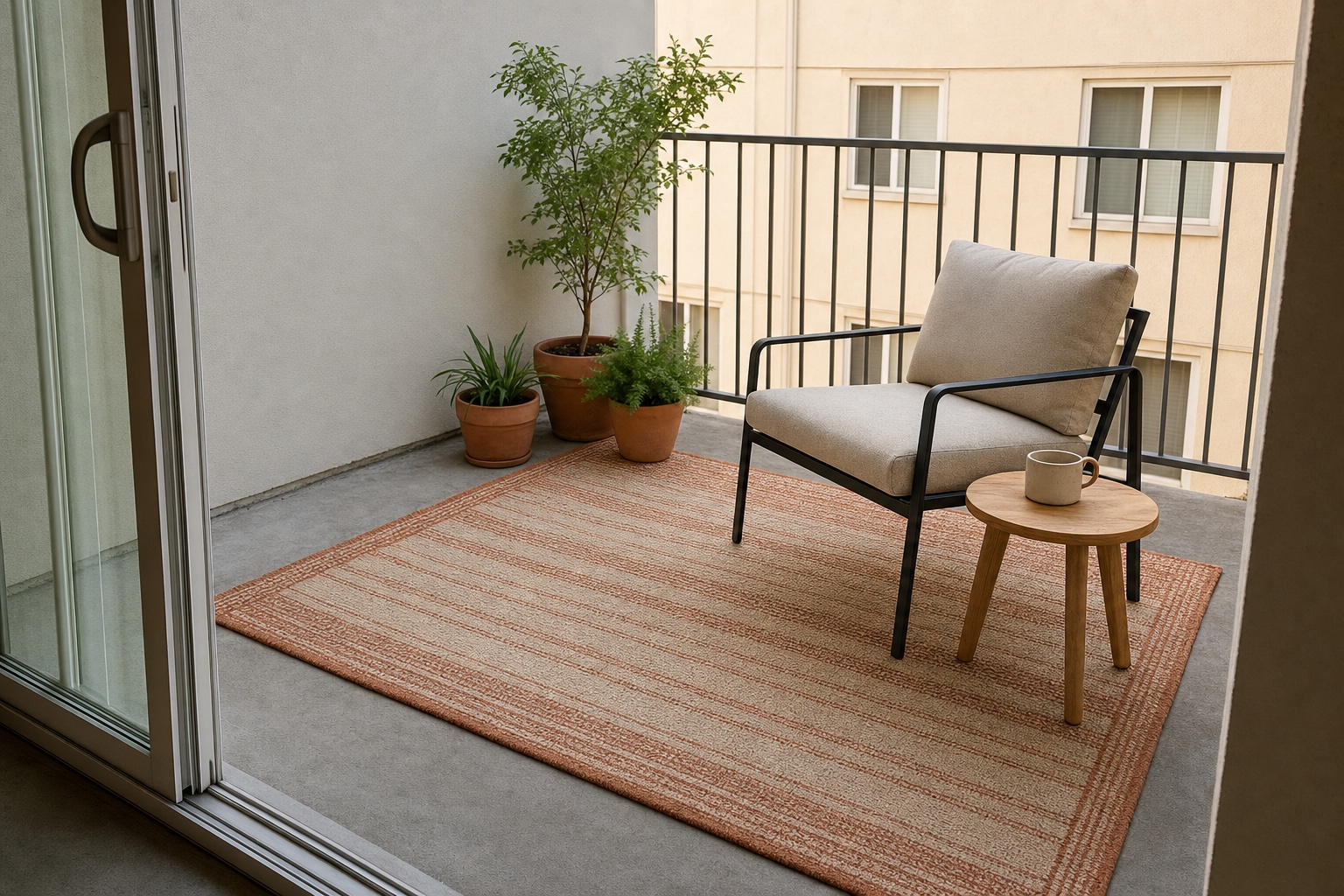 Small apartment patio on a concrete slab with an outdoor rug, one lounge chair, a side table and potted plants