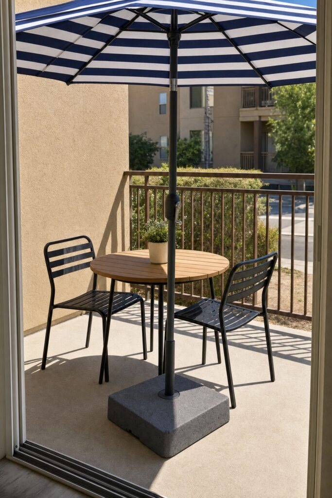 Freestanding market umbrella on a heavy weighted base shading a small apartment patio with no fixings to the building