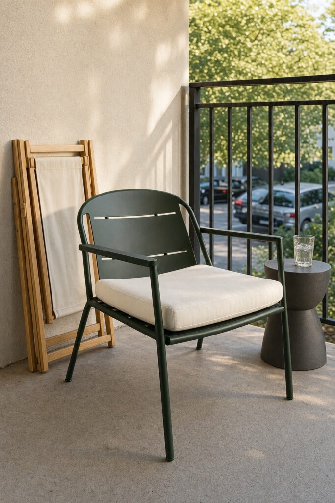 One comfortable powder-coated outdoor chair with open legs on a small patio beside a folding spare chair leaning on the wall