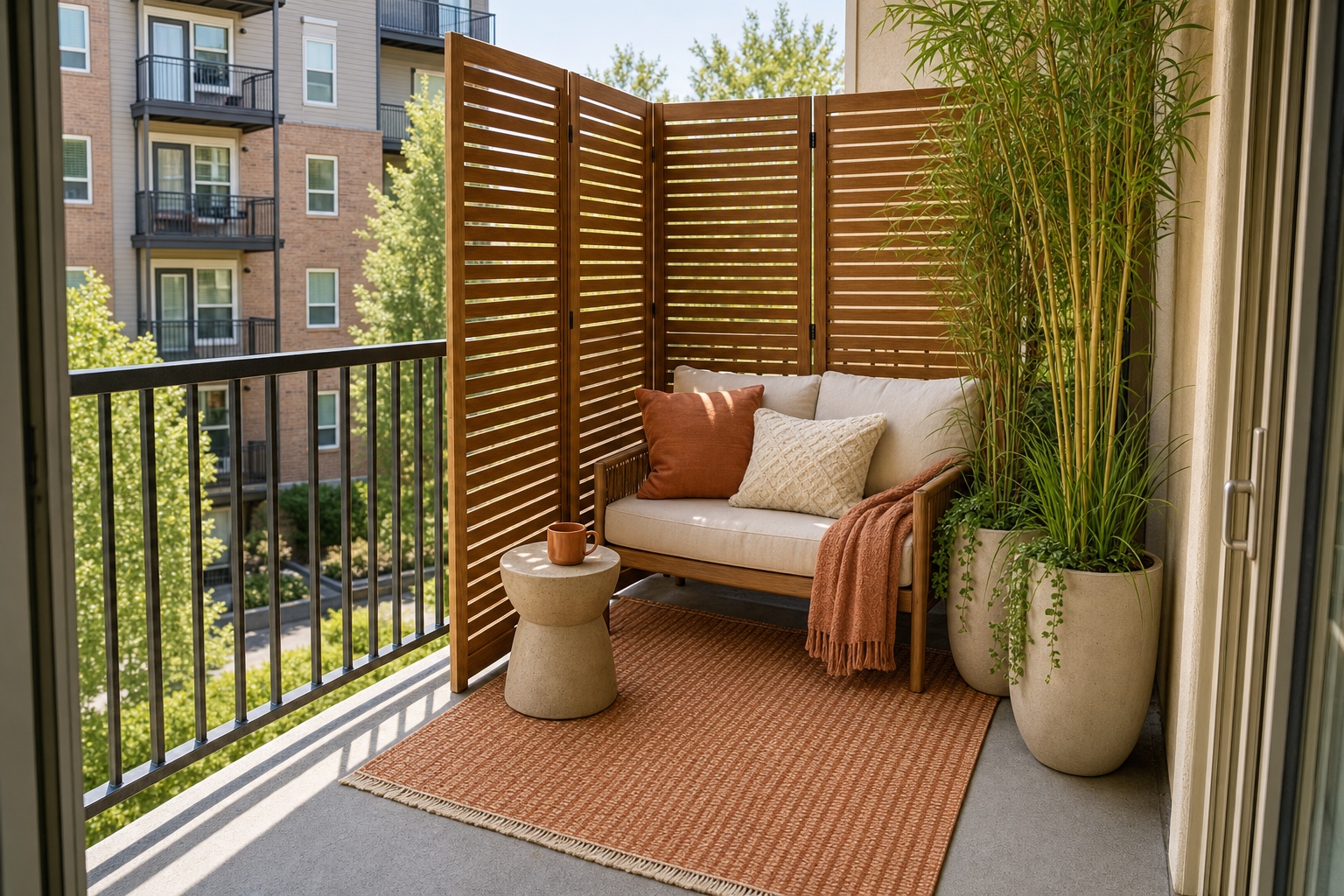 Small apartment balcony made private with a freestanding screen, tall planters, an outdoor rug, and cozy seating