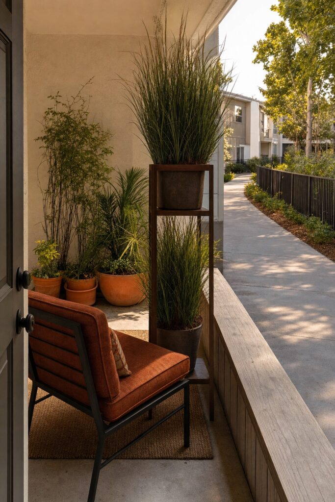 Patio chair angled away from a shared walkway with a tall plant stand standing between the seat and the path