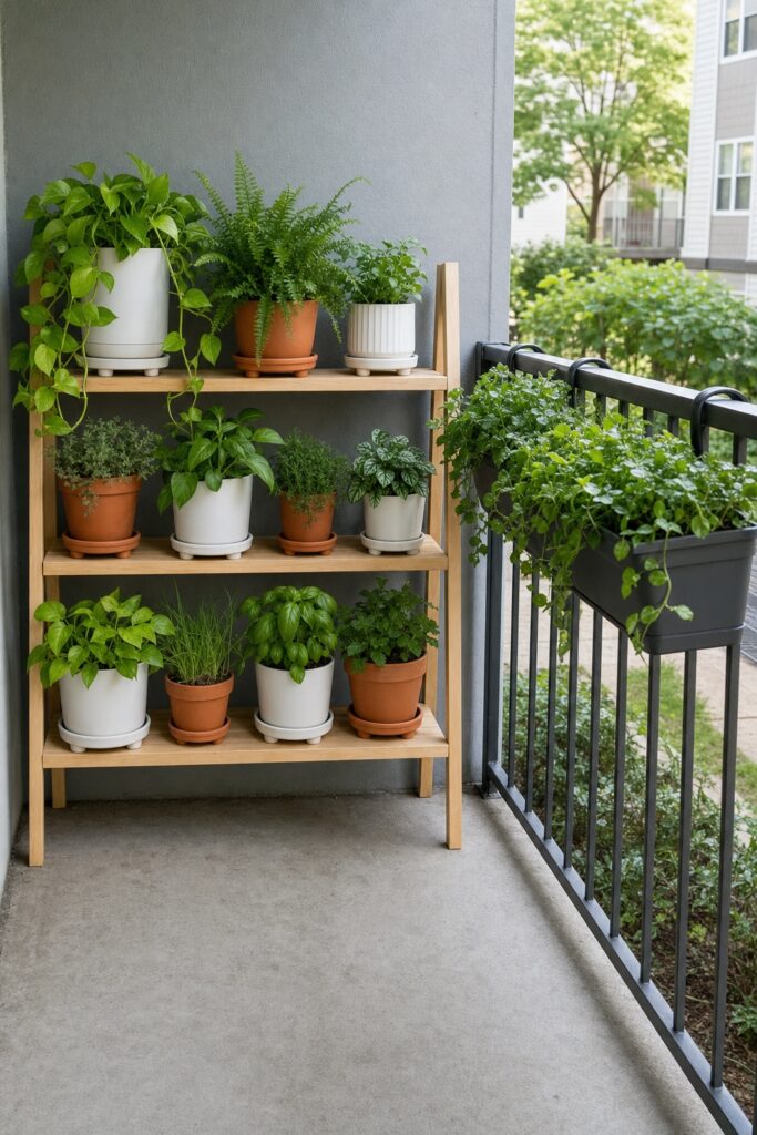 Tiered plant stand and railing planters filling an apartment patio with greenery while using very little floor space