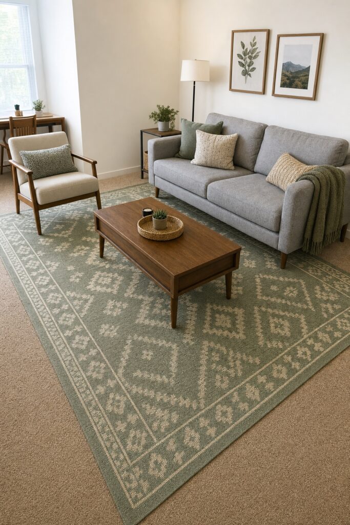 Large sage patterned area rug layered over beige rental carpet defining a college living room seating zone