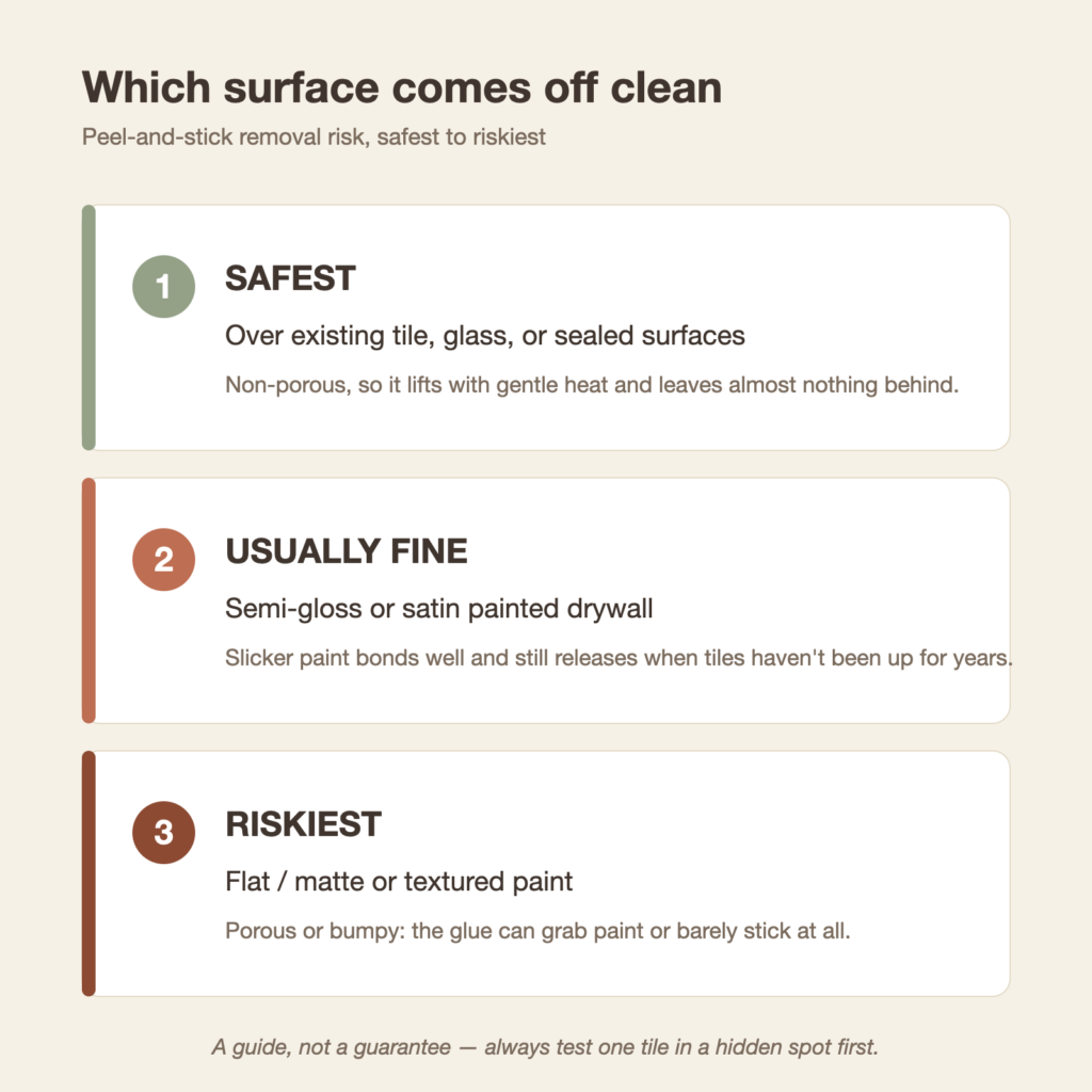 Chart ranking surfaces for clean peel-and-stick removal from safest to riskiest