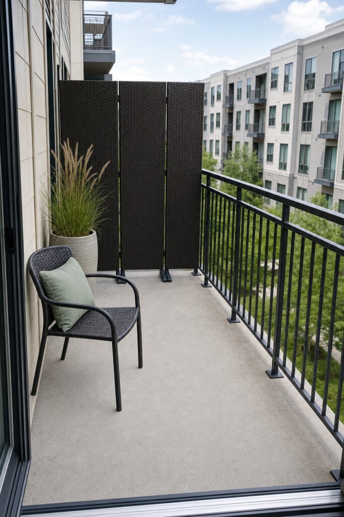 Apartment balcony with only freestanding privacy pieces — a screen and planters — nothing attached to the railing