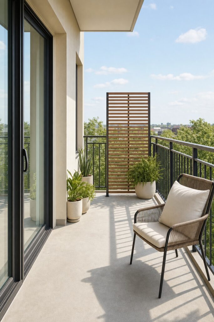 Airy balcony with a clear door path, a breathable slatted privacy screen letting light through, and floor-level planters