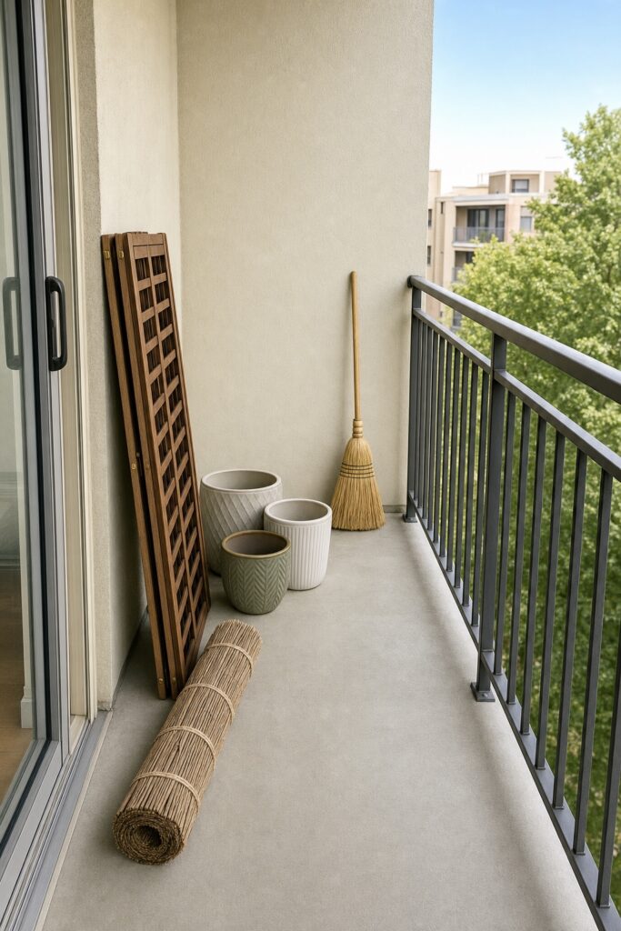 Folded privacy screen, rolled reed fencing, and grouped planters ready for moving on an undamaged bare balcony