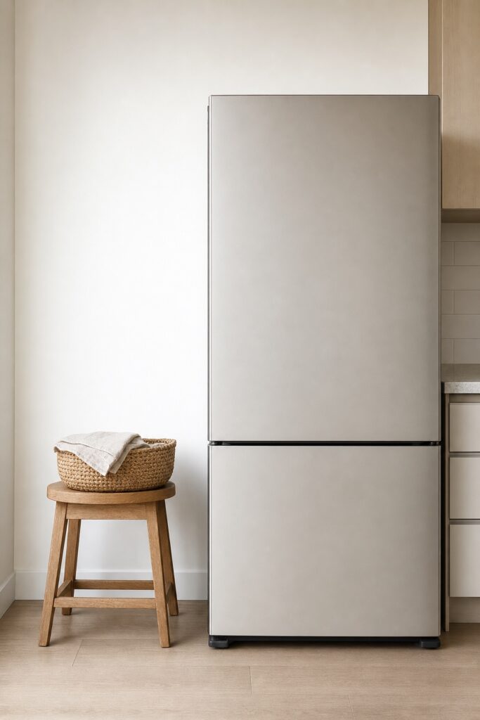 Plain fridge front with nothing stuck to it and a wooden stool and basket standing beside it