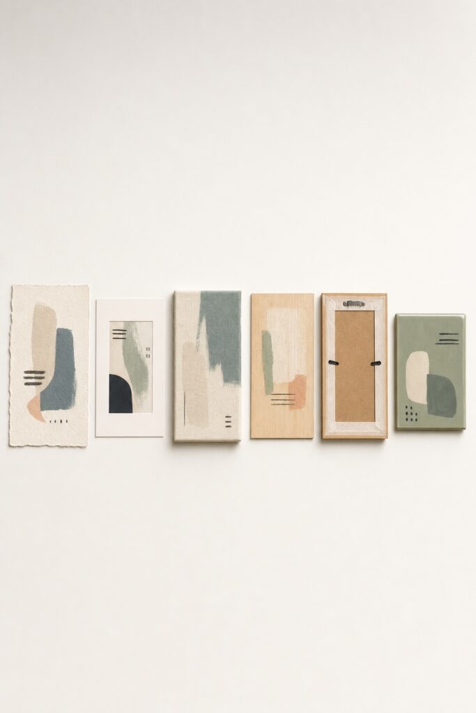 Six art materials laid out together: paper, matted print, canvas, wood, sealed frame, and glazed ceramic