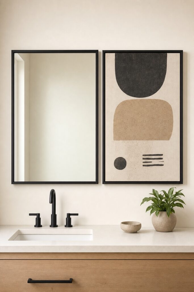 A framed piece beside a bathroom mirror, matched to the mirror's height rather than the wall's width