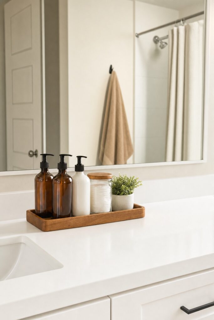 Small bathroom vanity with all daily items corralled on one wood tray — plain pump bottles, a glass jar of cotton rounds, and a tiny plant — leaving the rest of the counter clear.