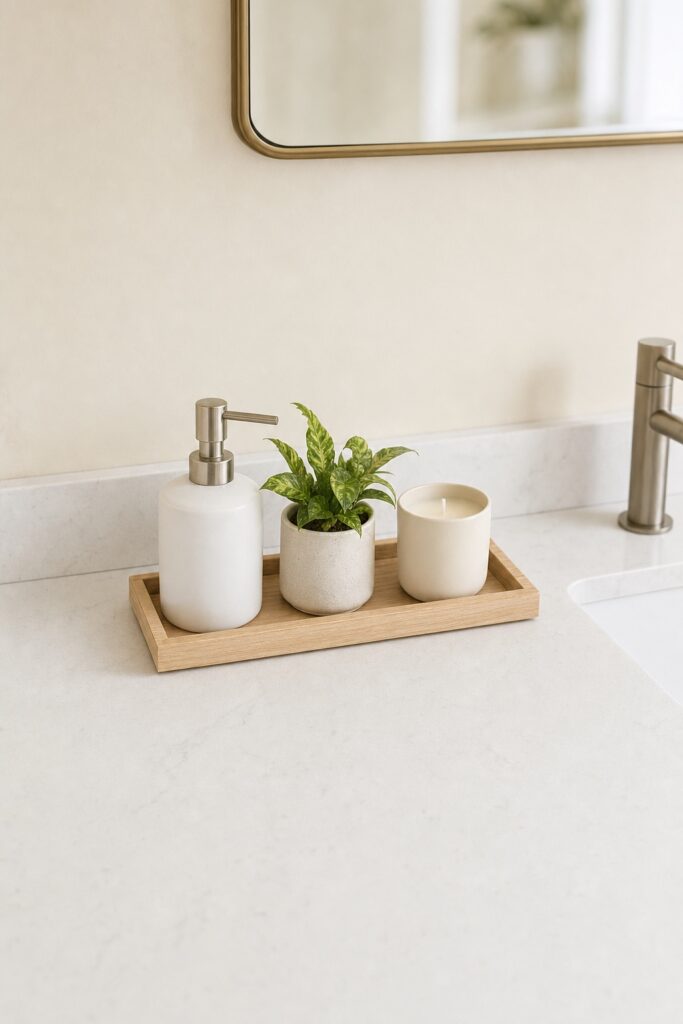 Bathroom counter with a small wood tray holding a soap dispenser, a small potted plant, and a candle