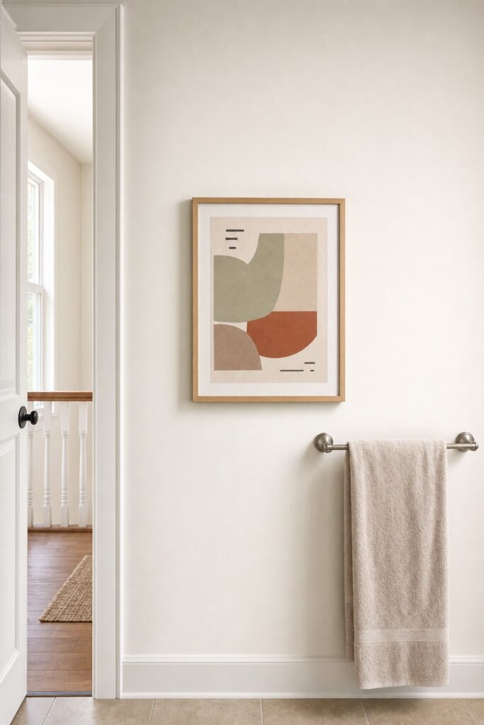 A framed print on the bathroom wall furthest from the shower, beside the open door and above the towel rail