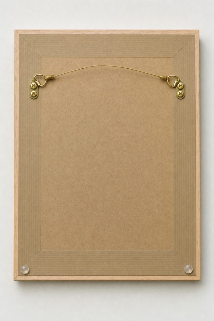 The back of a picture frame with taped edges, brass hanging hardware and two small bumpers on the lower corners