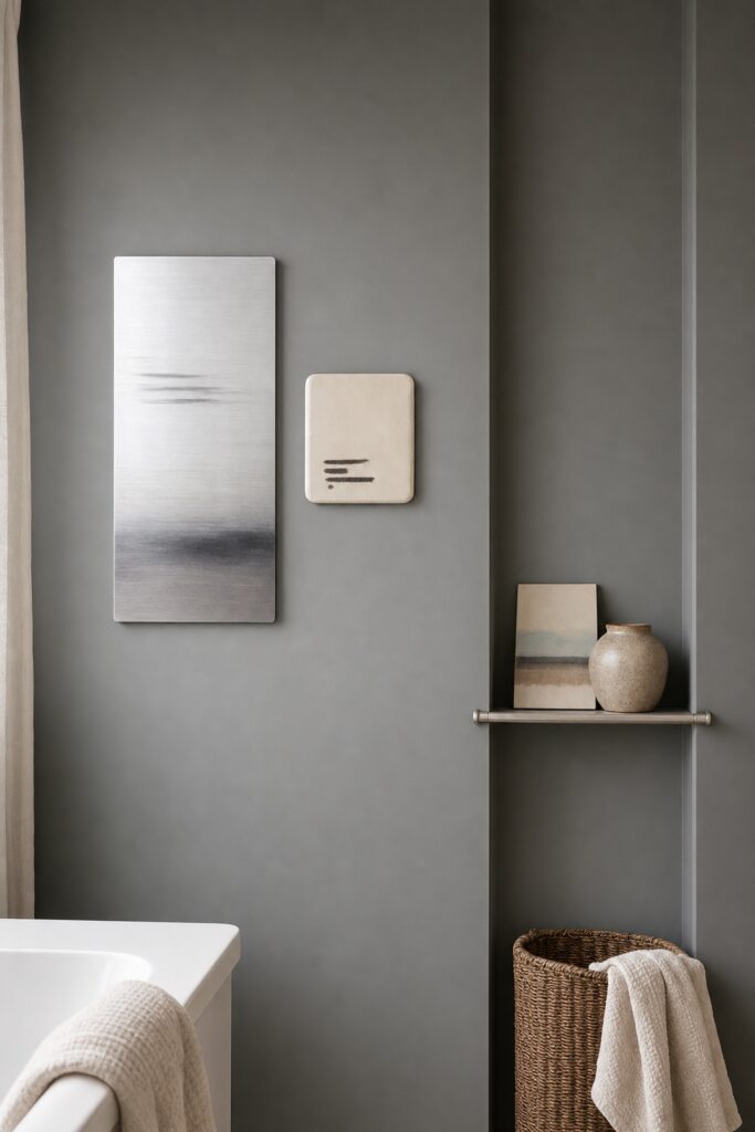 A lightweight metal print and a small enamel piece hung without drilling, beside a narrow tension-fitted shelf