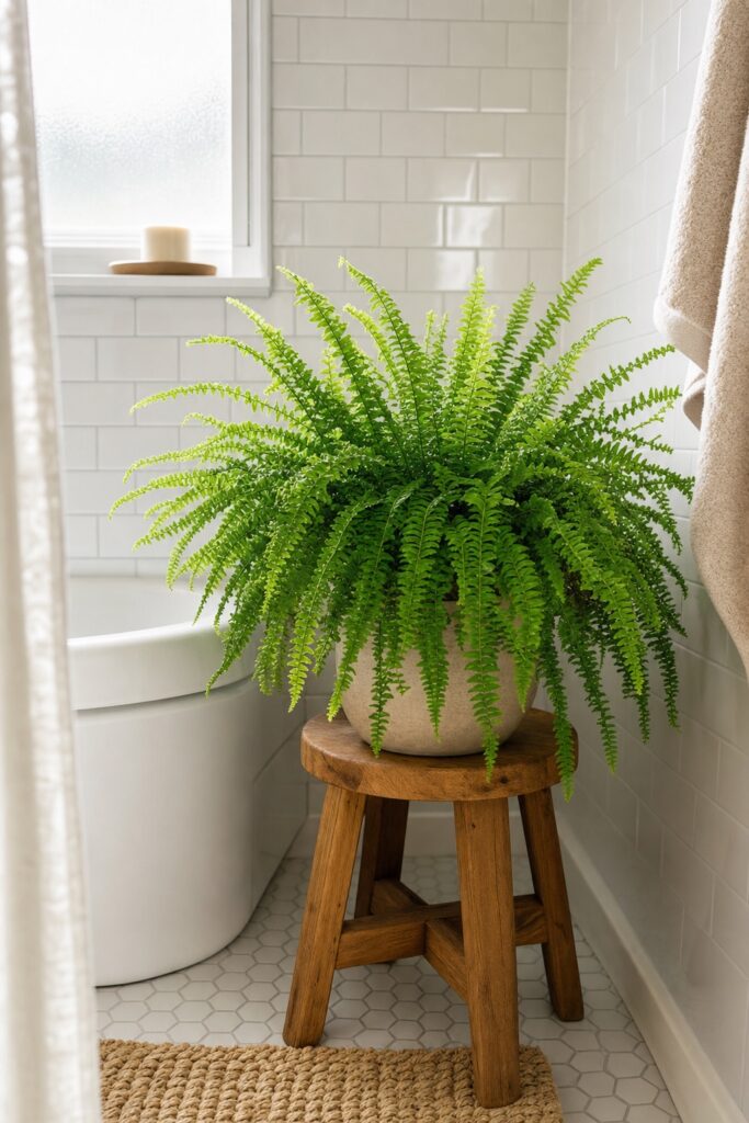 Healthy Boston fern on a small wood stool beside the tub in a rental bathroom, softening the tile with green.