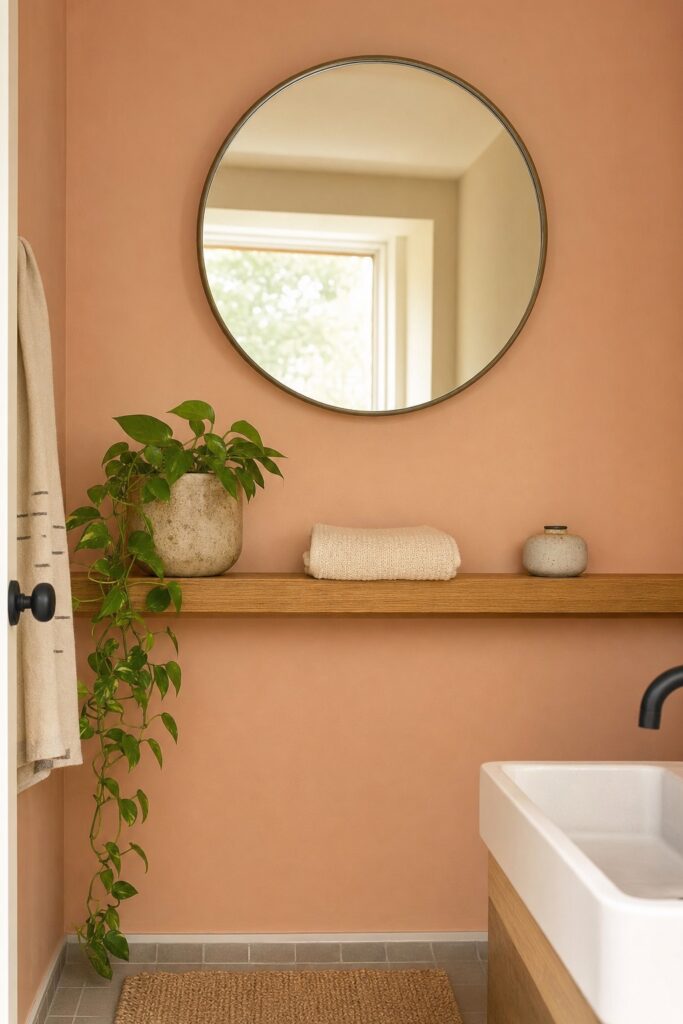 A small bathroom shelf holding a stoneware pot, a folded towel and a trailing plant beneath a round mirror