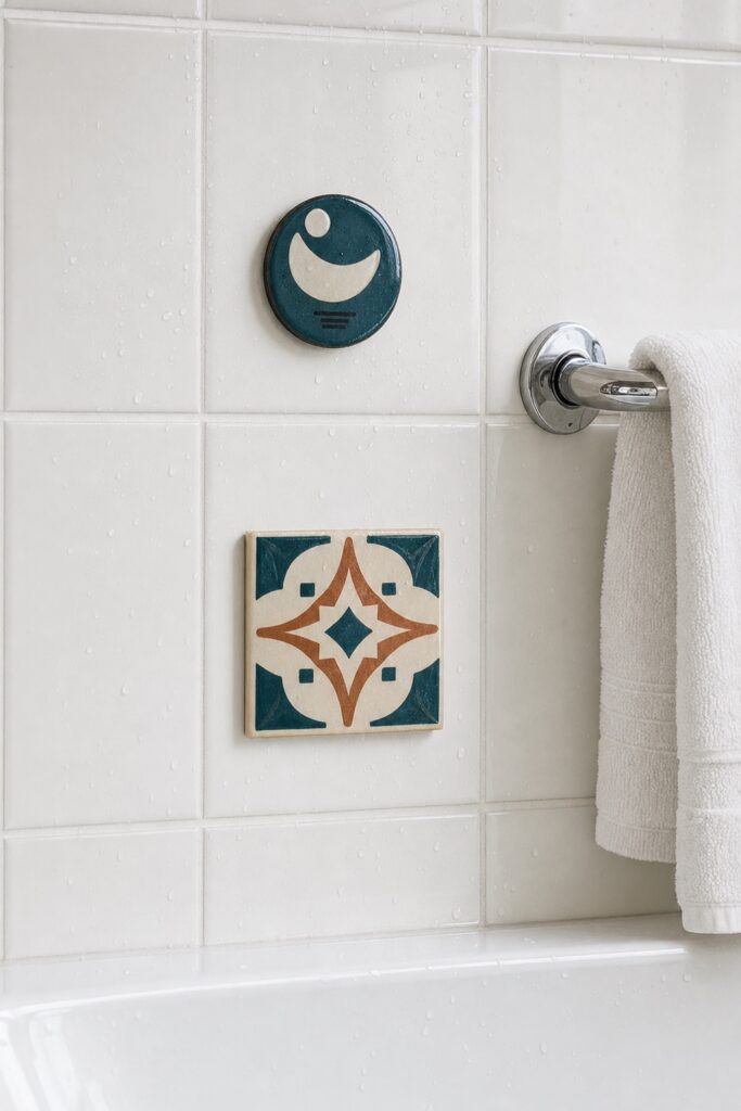 A small enamel sign and a glazed ceramic tile mounted on the tiled wall beside a bathtub