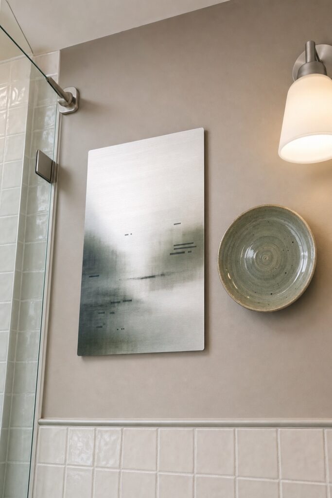 A metal print and a hanging glazed dish on the upper wall of a bathroom near the shower