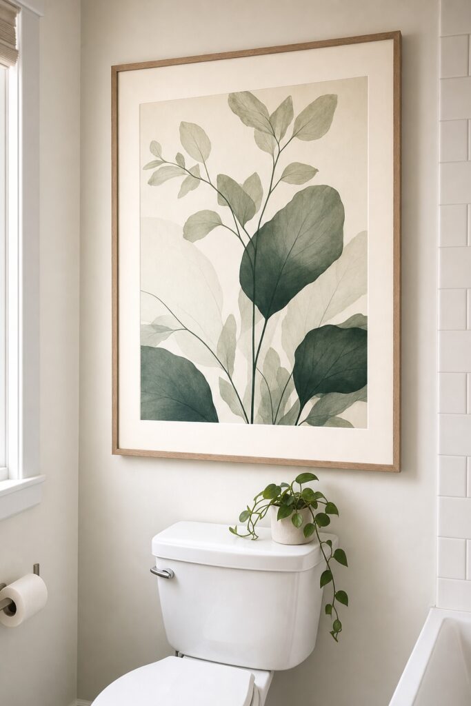 Oversized framed botanical art on the open wall of a small rental bathroom, above the toilet, with a small trailing plant on the tank shelf.