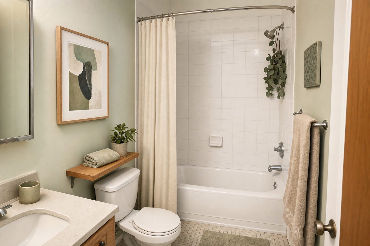 A small bathroom with a framed piece and a glazed ceramic tile hung on the wall furthest from the shower