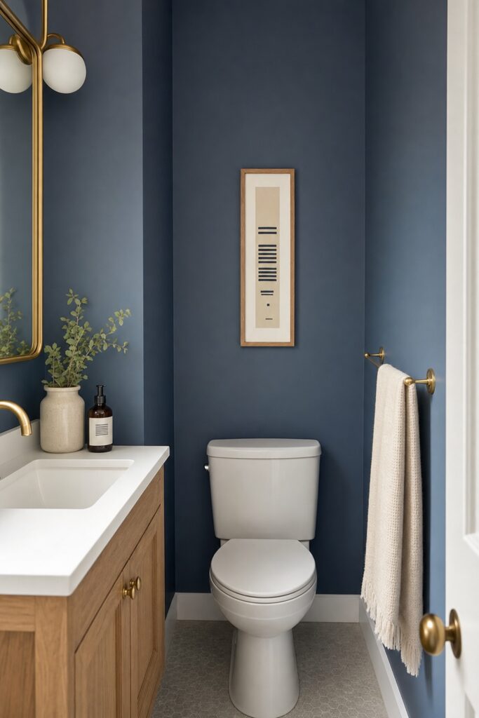 A narrow vertical piece hung above a toilet in a small bathroom, with the mirror wall visible beside it