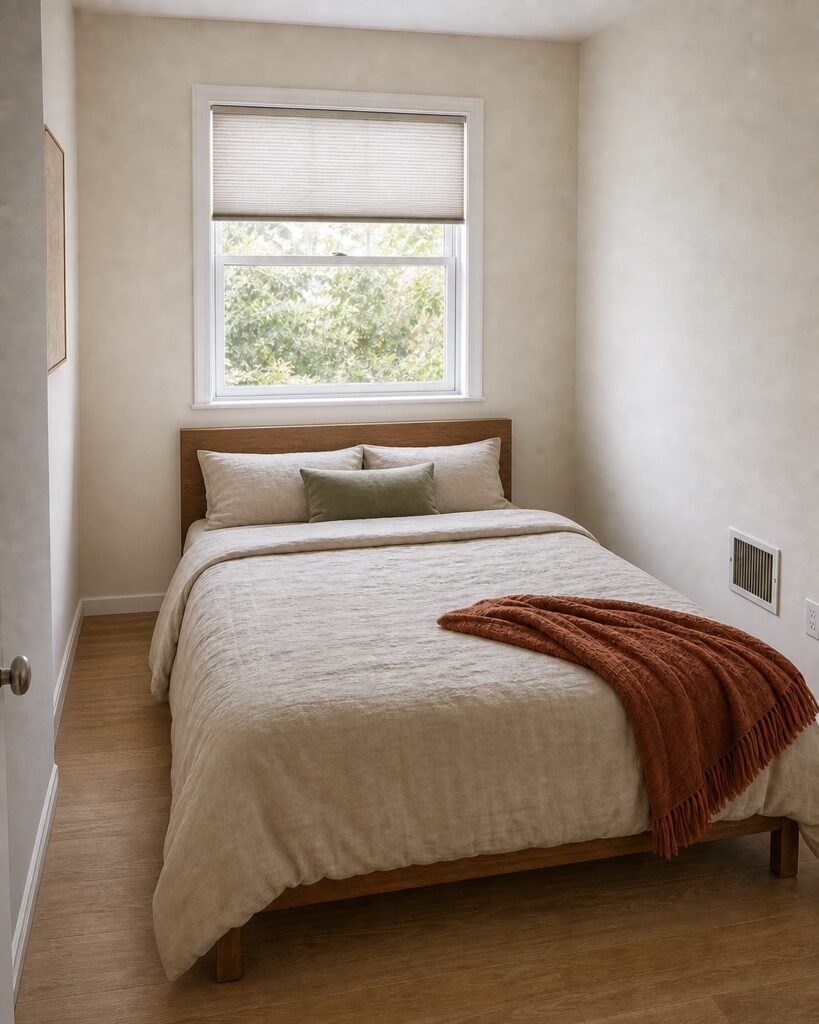 Low full bed placed beneath the single window in a small rental bedroom, with a clear side walkway