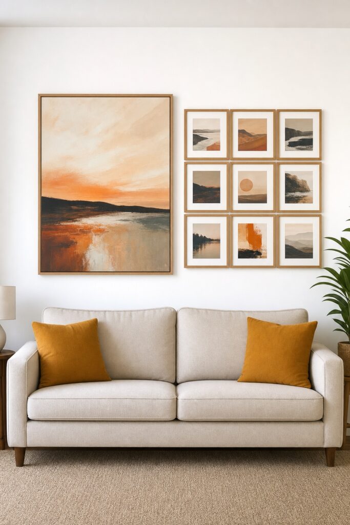 Oversized framed art and a neat photo grid hung damage-free on a white rental apartment wall above a sofa