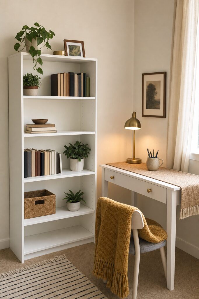 Plain white bookcase and desk made collected with styled shelves, new knobs, and textiles in a college apartment