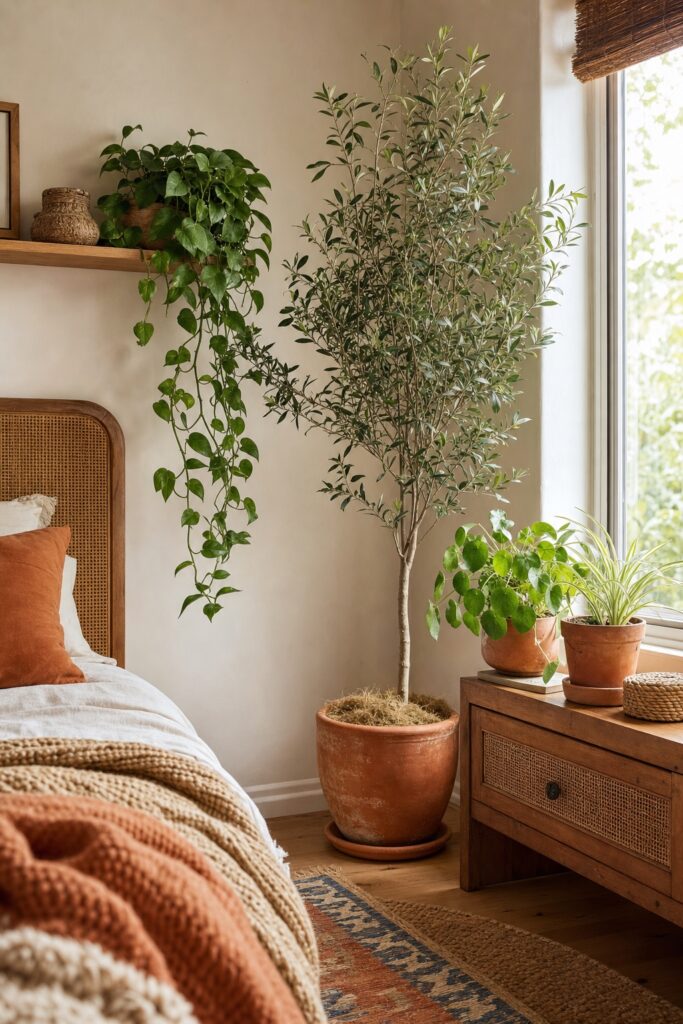 Boho bedroom plant layer: a tall potted plant on the floor, a pothos trailing from a wall shelf, and small terracotta-potted plants grouped by the window.
