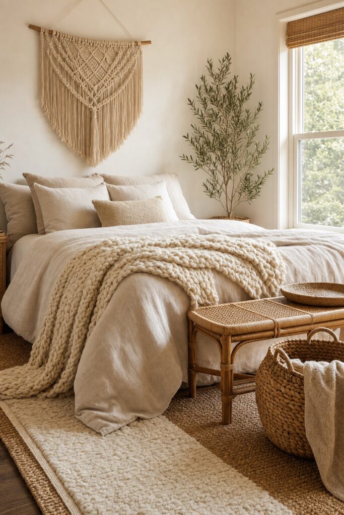 The boho texture stack: chunky knit over linen bedding, a macrame wall hanging, a rattan bench at the foot of the bed, and a woven basket on layered rugs.