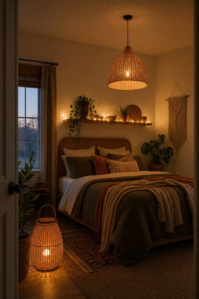 Boho bedroom at evening lit by a woven rattan pendant, a floor lantern, and warm string lights, with deep soft shadows across the textiles.