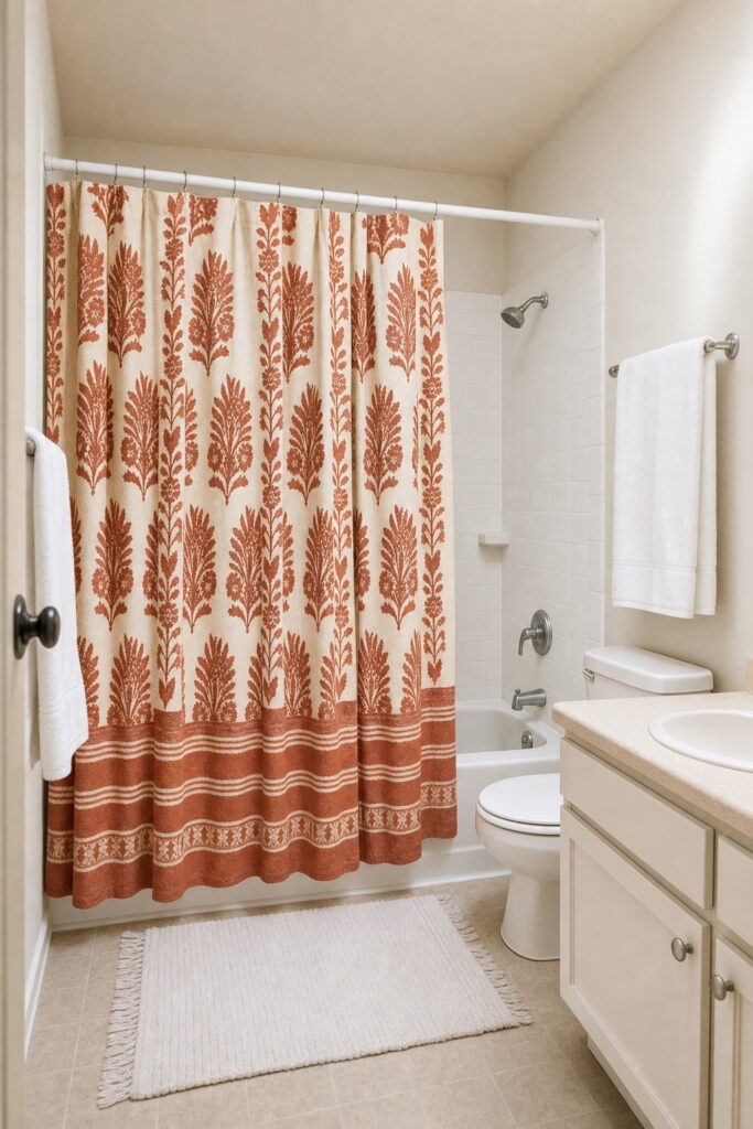 Plain rental bathroom transformed by one bold block-print shower curtain in terracotta and cream, with the rest of the room kept simple.