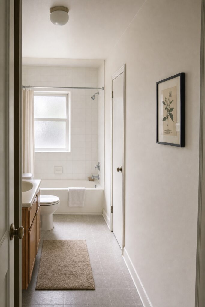 Small framed botanical print behind glass on the wall furthest from the shower in a plain bathroom