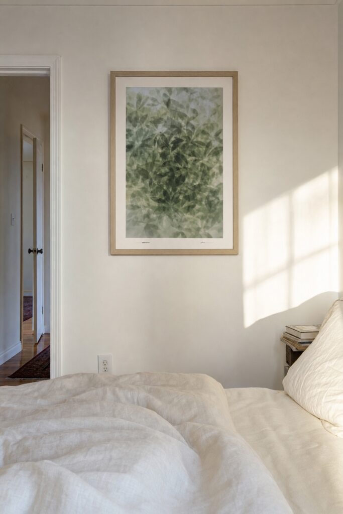 Framed print of a soft mass of foliage with no single subject hanging on a bright bedroom wall