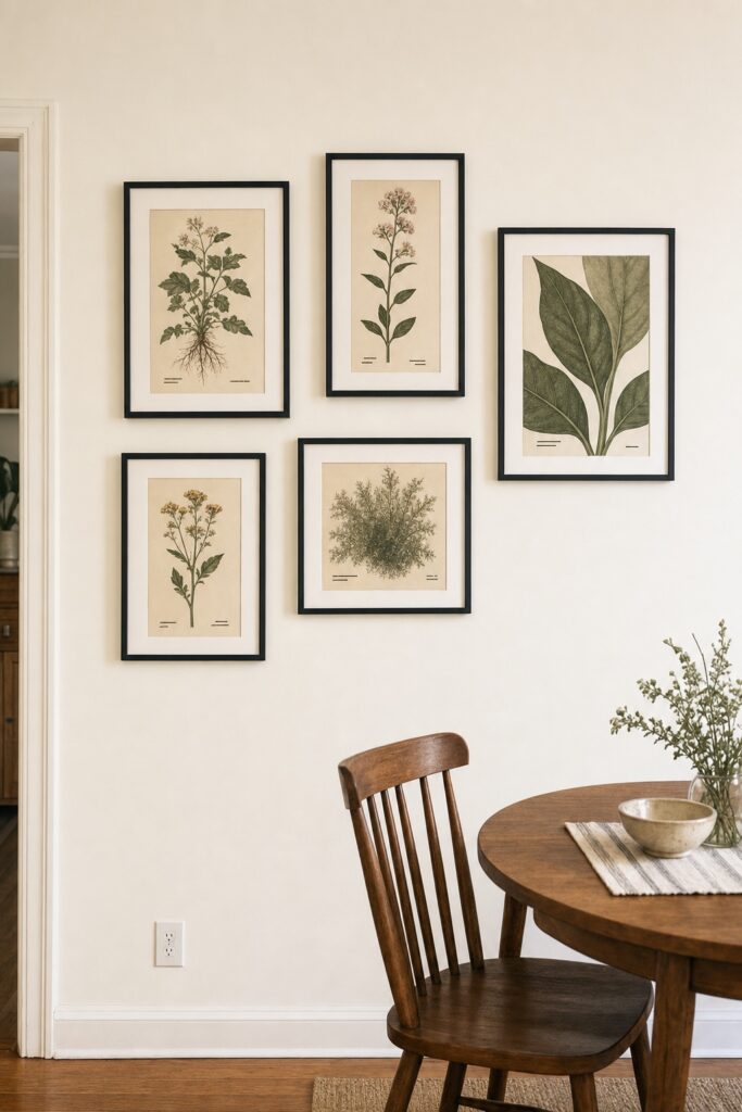 Group of five botanical prints in matching frames mixing a plate two stems a magnified leaf and a foliage mass