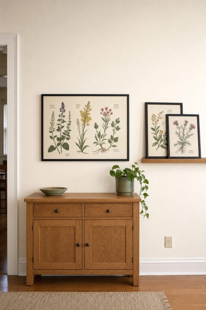 Framed botanical print hung above a console beside a slim wall ledge holding two more prints leaning against the wall