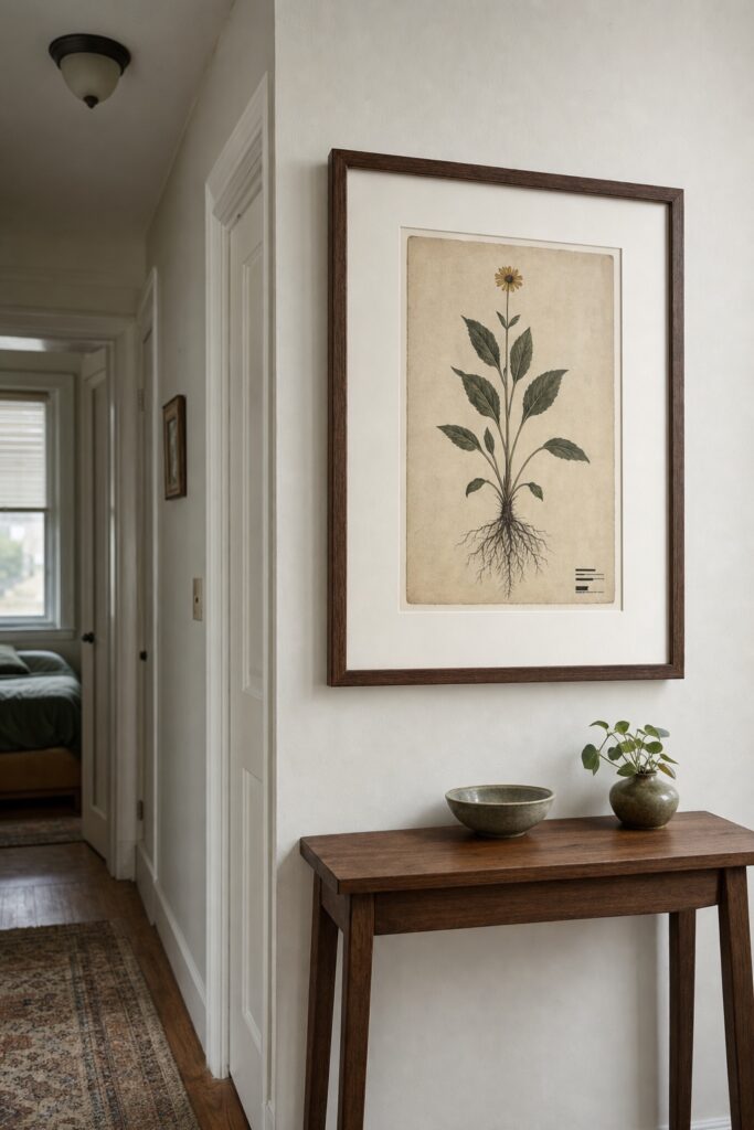 Framed whole plant botanical plate with roots showing hung above a narrow hallway console