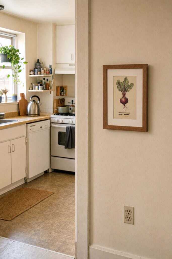 Small framed botanical plate of a root vegetable on a kitchen wall away from the range
