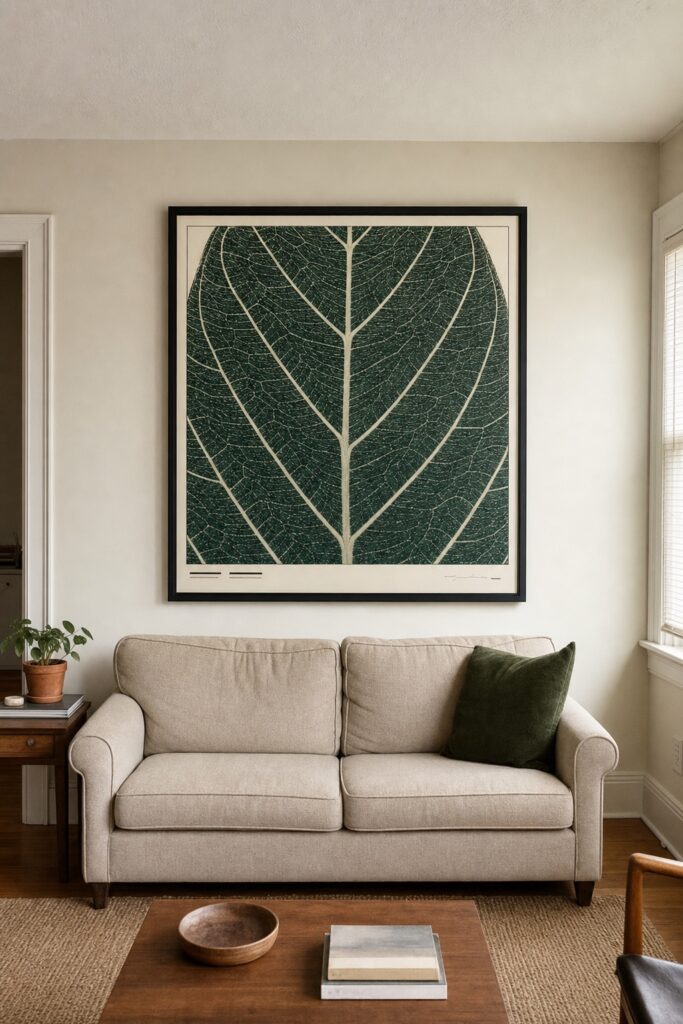 Large framed print of one leaf cropped to fill the frame hanging above a sofa in a small living room