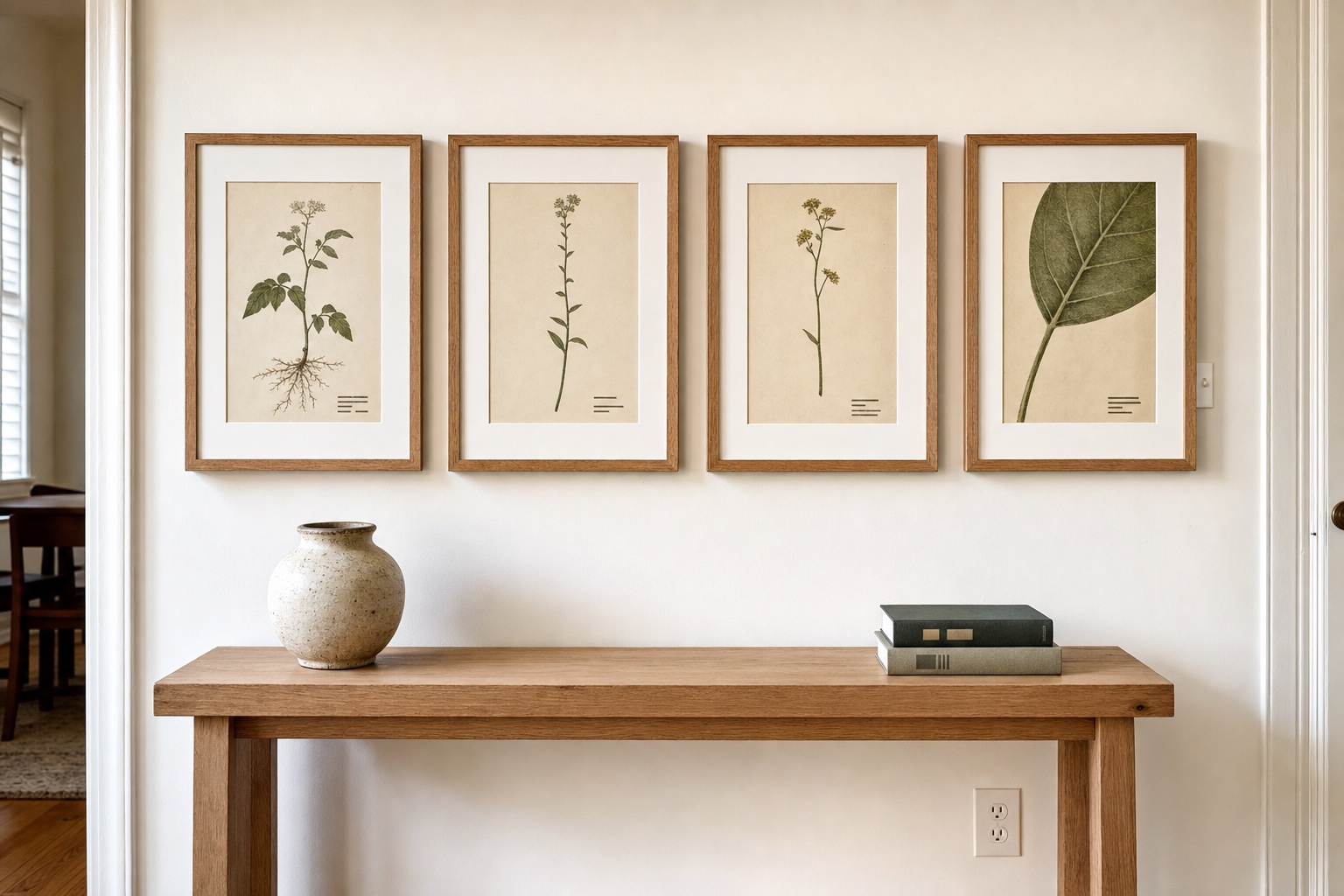 Wall of framed botanical prints mixing a whole plant plate a single stem and a magnified leaf above a plain console