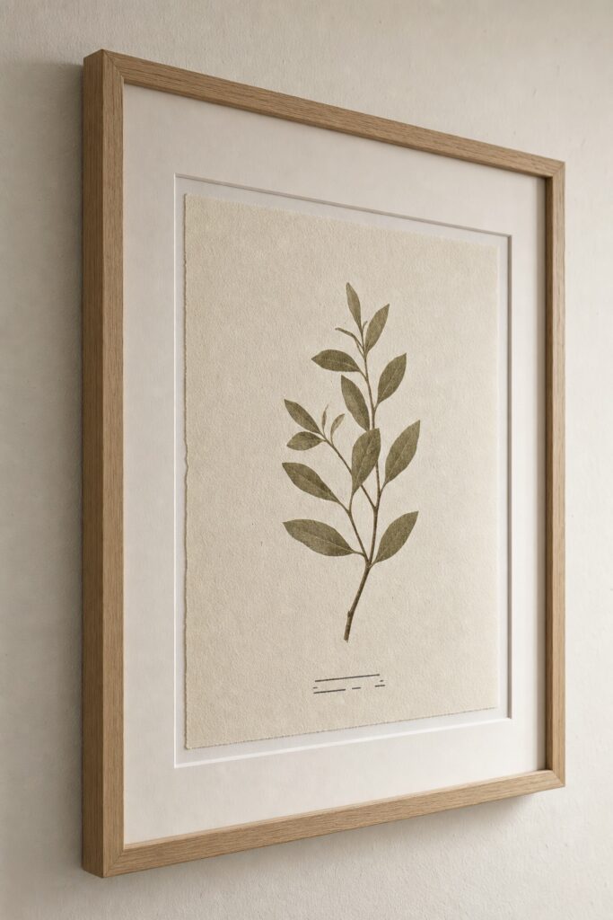 Close view of a framed botanical print showing matte textured paper a wide blank margin and a plain oak frame