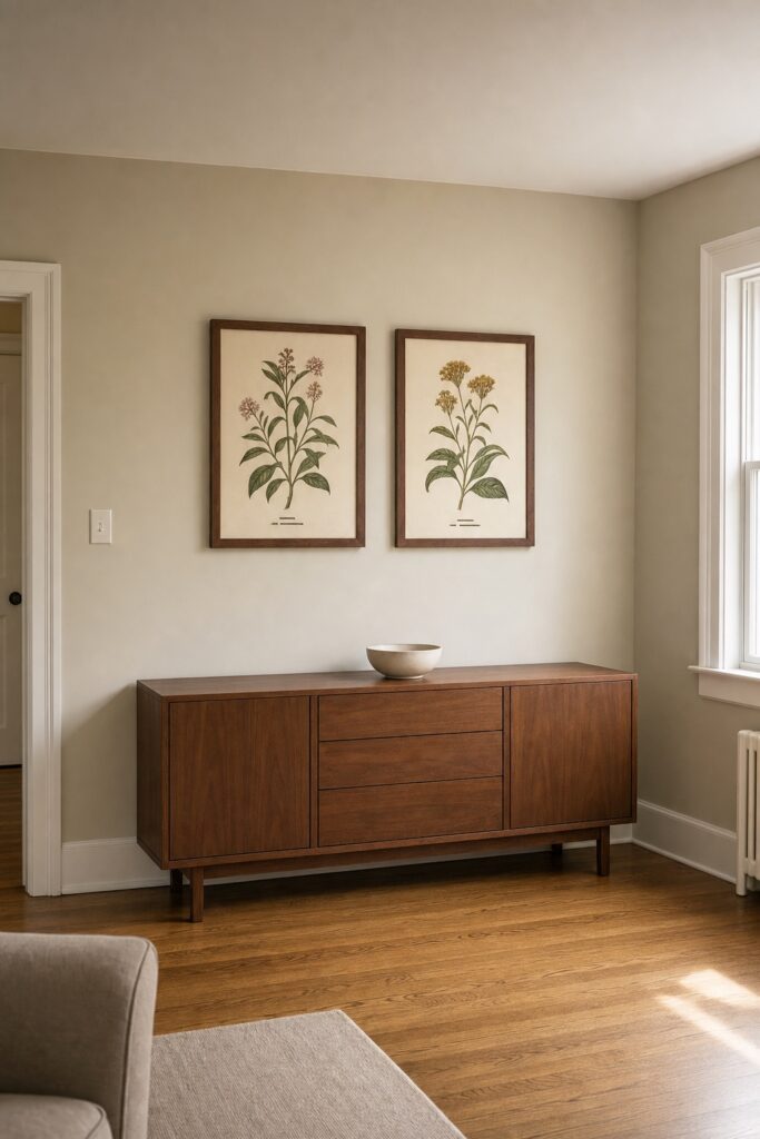 Two botanical prints on a quiet wall in a plainly furnished room with no real houseplants nearby