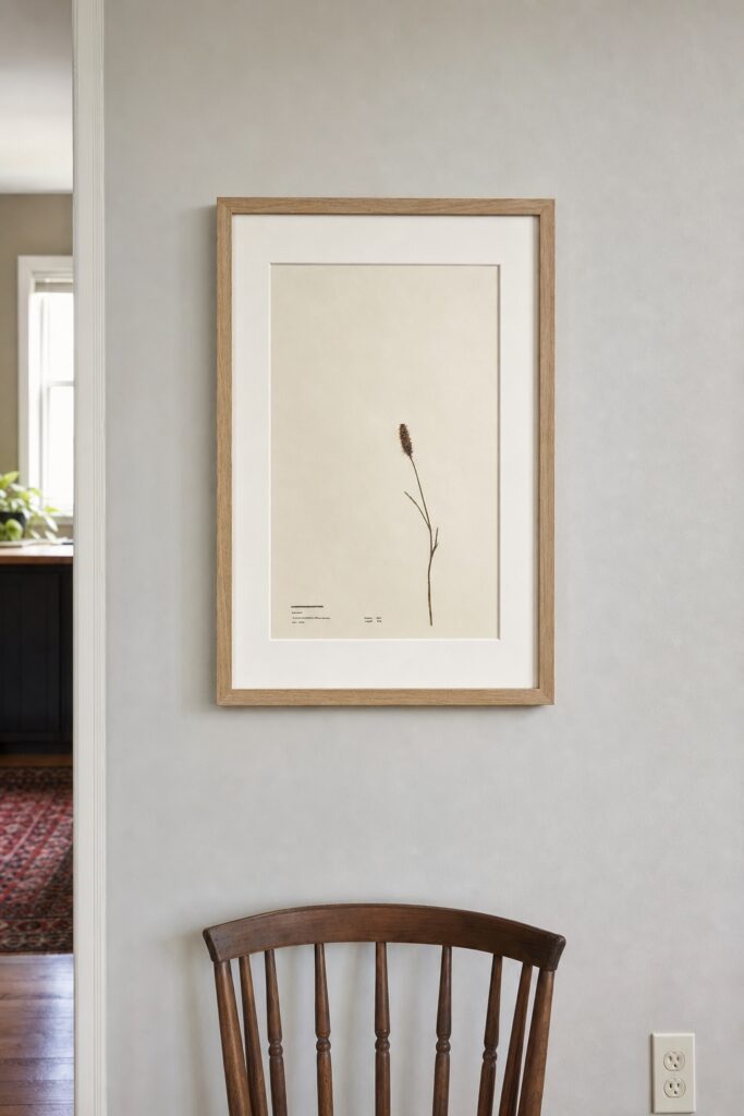Framed print of one slim stem on a large field of empty pale paper in a simple oak frame