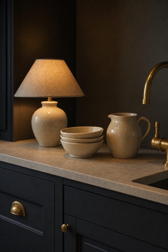 Brass handles, glazed cream ceramics and a small warm lamp on a counter against dark cabinets