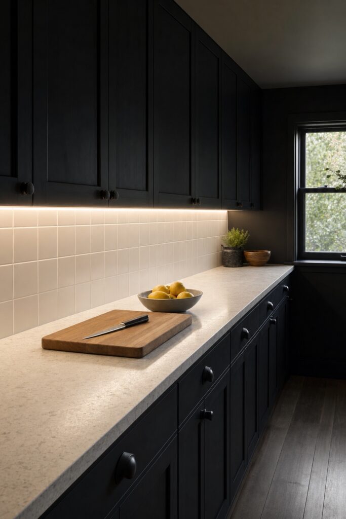Pale stone counter and white tile backsplash running below near-black cabinets in a small kitchen