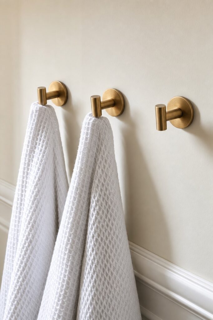 Brushed brass towel hooks holding white waffle-weave towels on a warm white bathroom wall